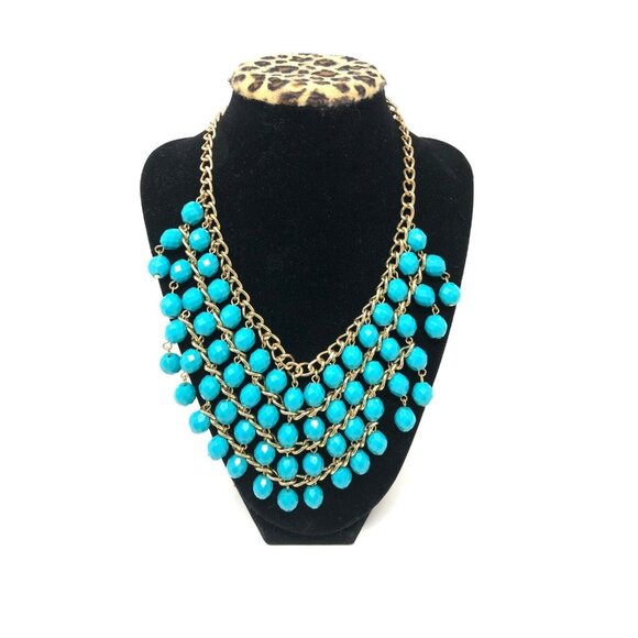 Statement Bib Necklace Gold Tone Teal Blue Beads 18" - Picture 4 of 4